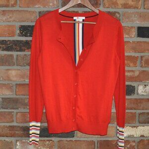 Boden Red Cassandra Cardigan Rainbow Stripe Cuff & Back. Cotton, Wool Blend M